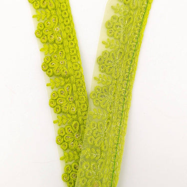 Green Net Lace Trim With Floral Embroidery And Gold Sequins, Sequinned Trim, Wedding Trim Bridal Trim